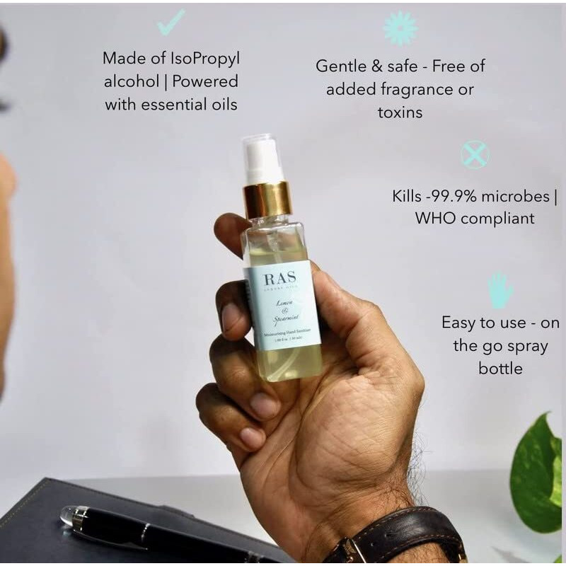 Ras Luxury Oils Lemon & Spearmint Moisturising Hand Sanitiser Spray | Gentle & Safe | Free Of Added Fragrance Or Toxins | Powered With Essential Oils | Kills 99.9% Microbes | Easy To Use, 50Ml