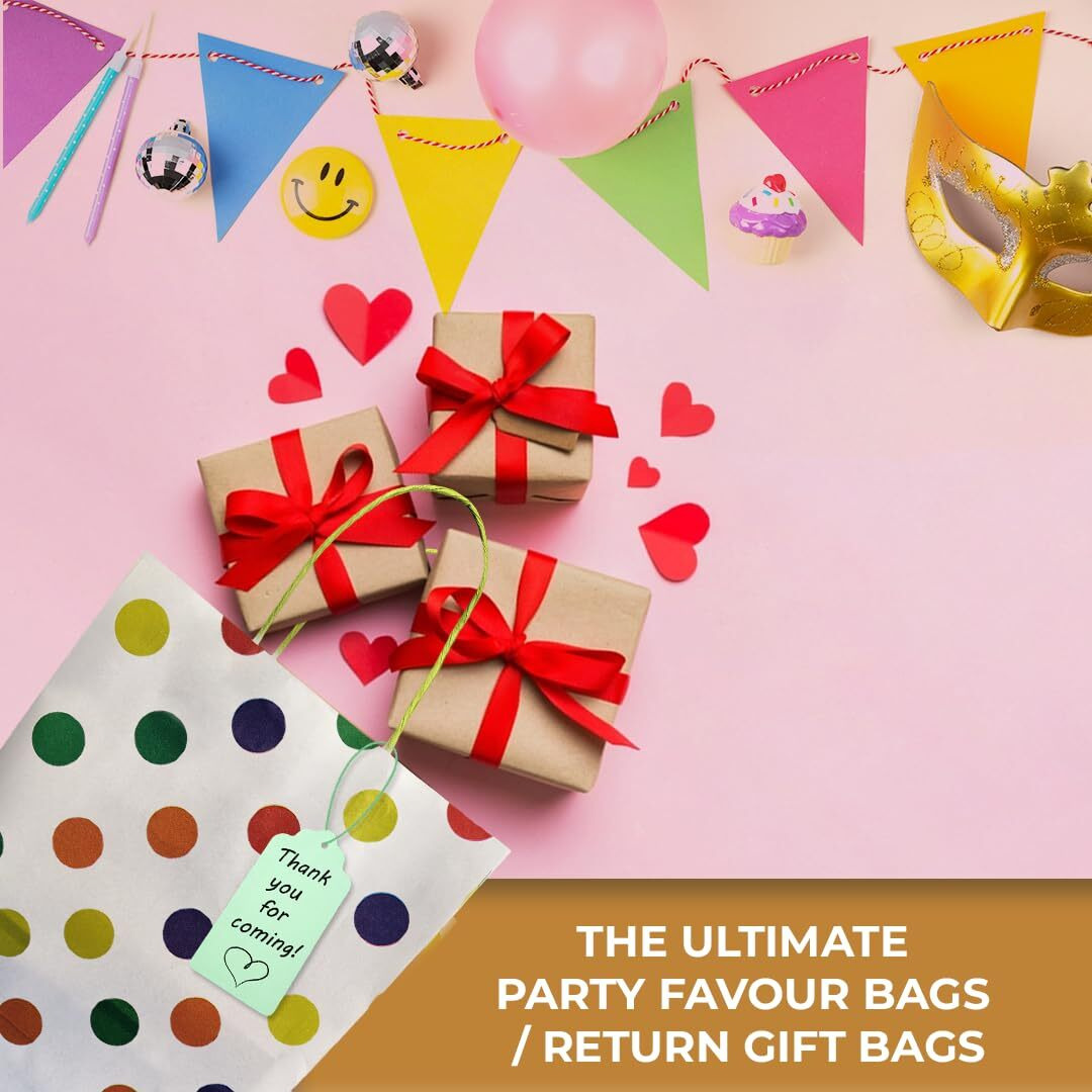 Suffix Retail Polka Dots Rainbow, White Paper Bags For Return Gifts With Gift Tags & Threads/Gift Bags For Corporate Events (12X8.7X3 Inches) | Party Favor Bags (Pack Of 50)
