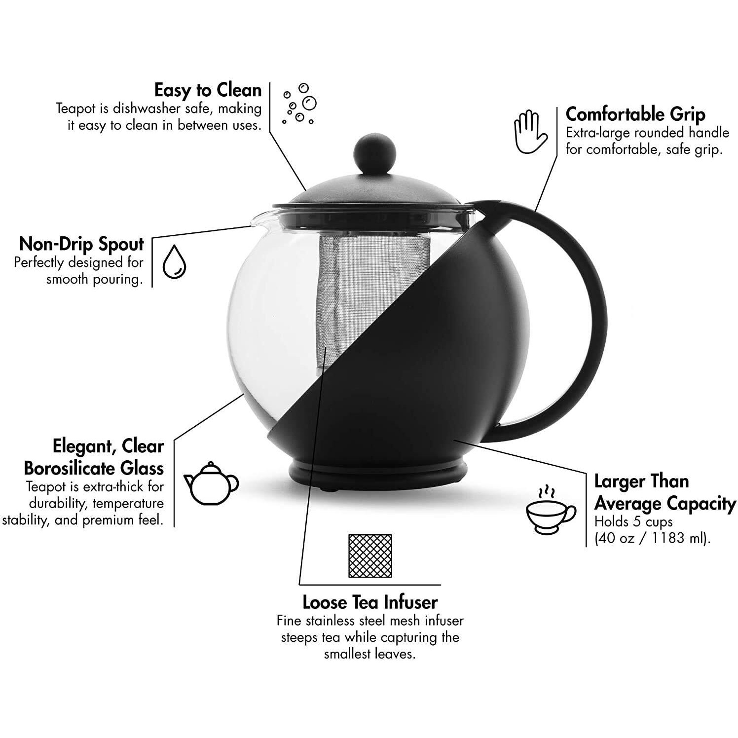 Lxoice Half Moon Teapot With Infuser, Tea Kettle, Tea Pot Kettle, Glass Tea Pot With Infuser, Tea Infuser (Black - 1.25L), 1250 Milliliter