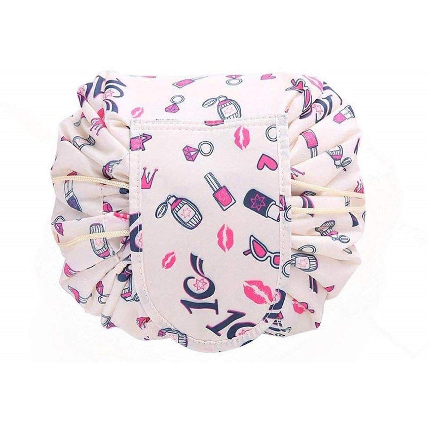Crownish Women's Polyester Convenient And Waterproof 14 Cms Multifunction Portable Lazy Travel Cosmetic Storage Makeup Organizer Toiletry Bag With Drawstrings (White Lip)