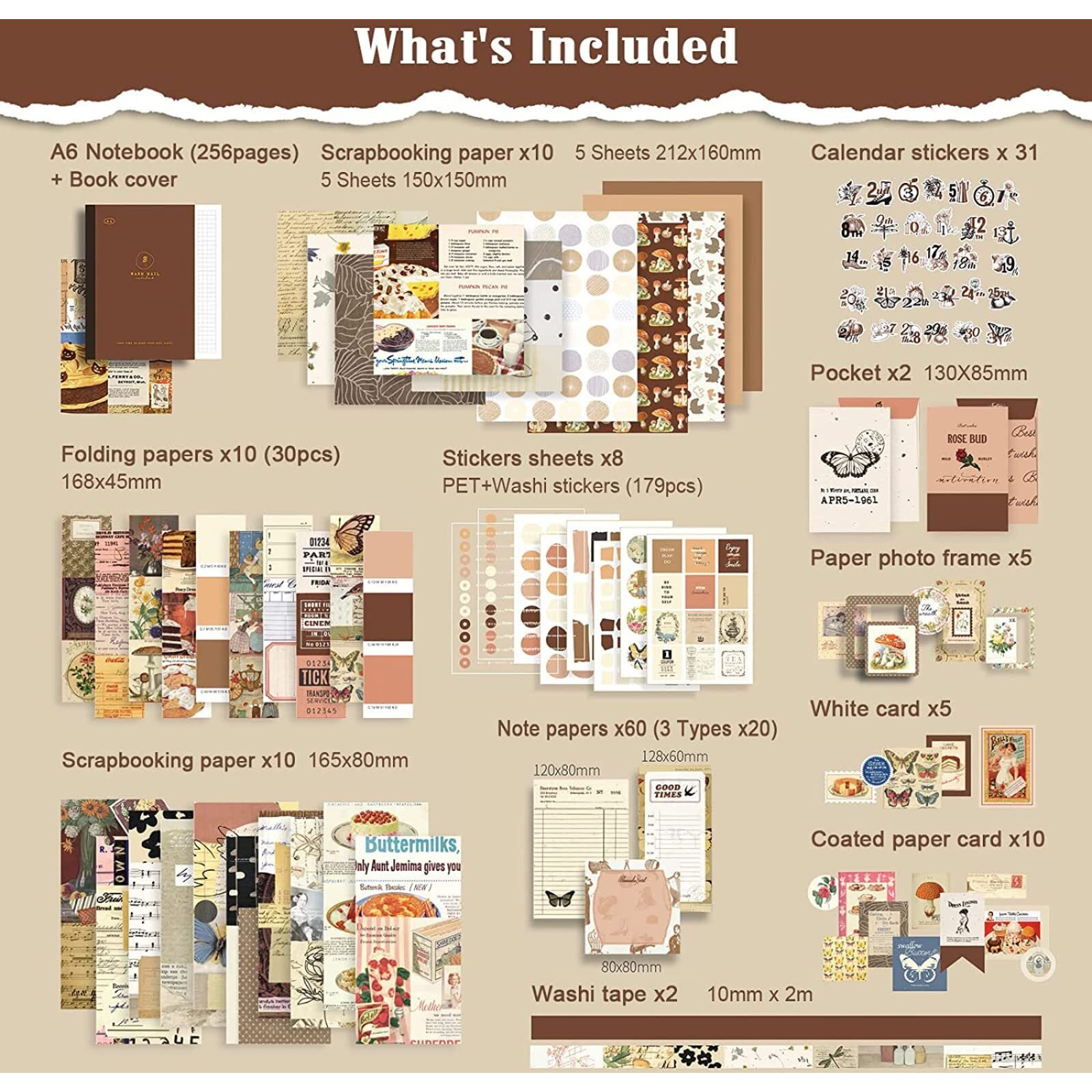 The Autostory Paper Junk Journal & Scrapbook Kit A6 Notebook, Stickers, Diy Set With Vintage Aesthetic & Creative Decor Journaling Supplies. Ideal Gifting For Teens, Girls (Cocoa Brownie, Brown)
