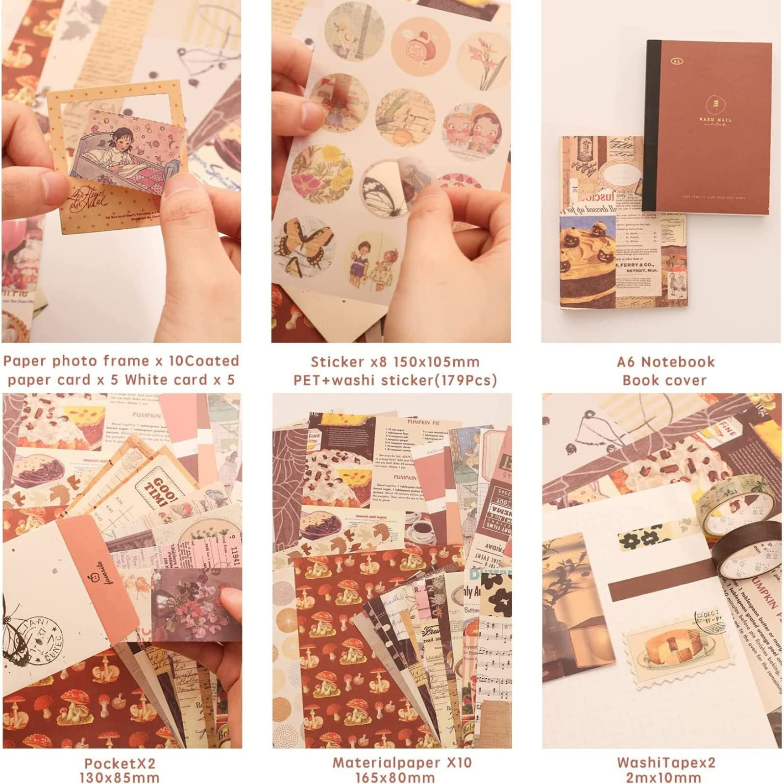 The Autostory Paper Junk Journal & Scrapbook Kit A6 Notebook, Stickers, Diy Set With Vintage Aesthetic & Creative Decor Journaling Supplies. Ideal Gifting For Teens, Girls (Cocoa Brownie, Brown)