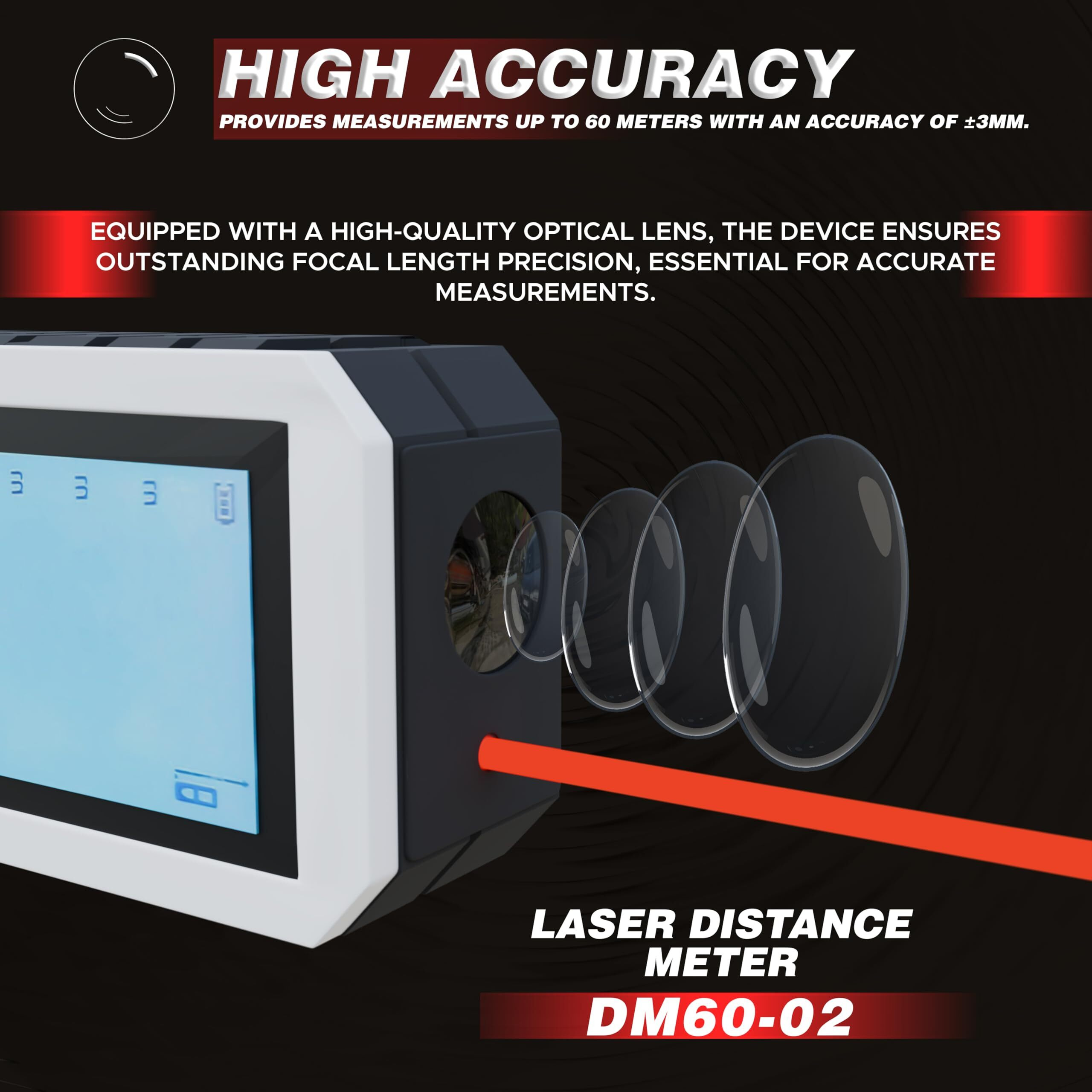 Ibell Dm60-02 Professional Laser Distance Meter 60M With Area, Volume, Pythagorean Measurement, Self-Calibration Function, Mute Mode, Backlit Lcd, Carry Bag, Strap, Batteries