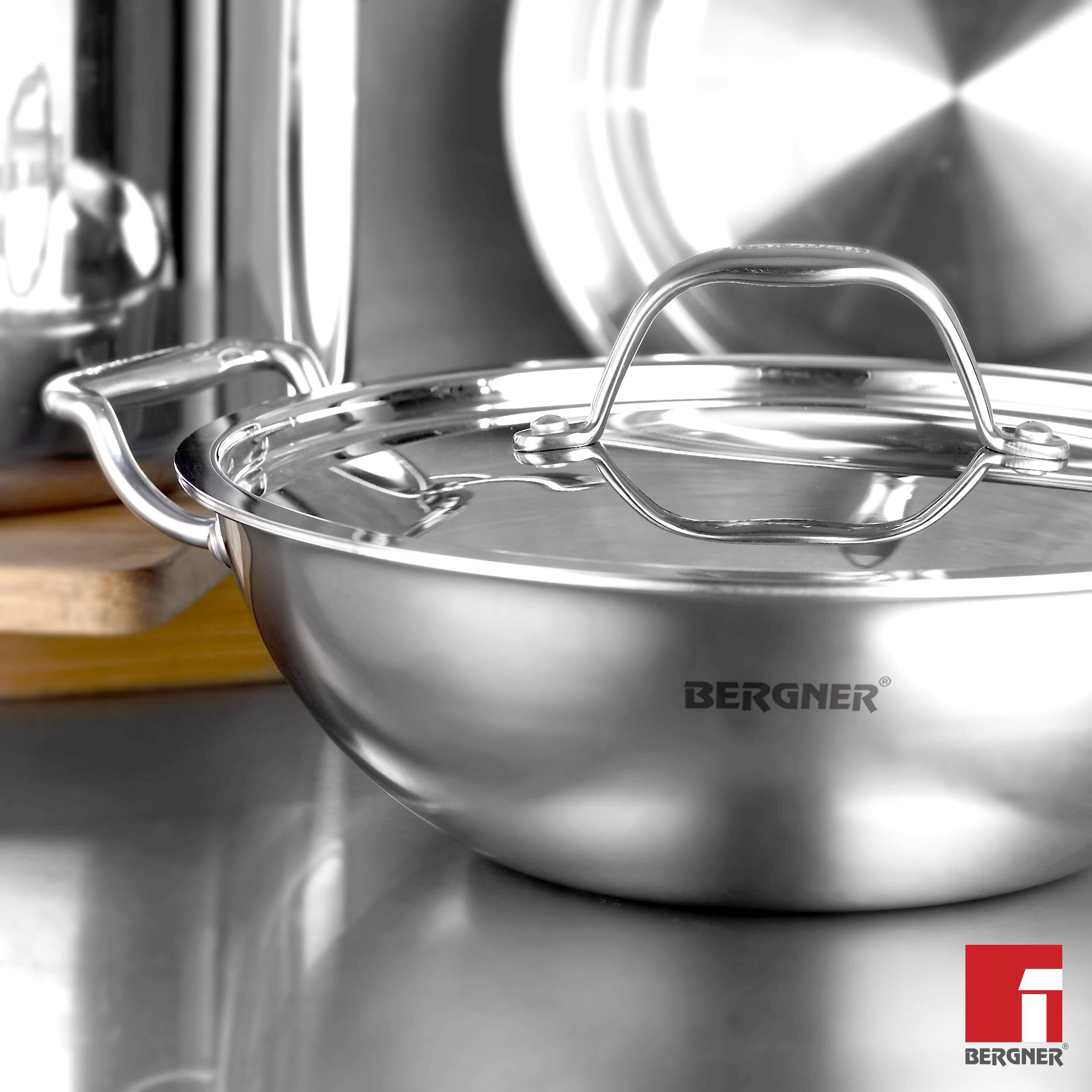 Bergner Argent Triply Stainless Steel 28 Cm Kadai With Stainless Steel Lid, 3.9 L Kadhai/Karai With Lid, Food Safe, Stay Cool Cast Handles, Dishwasher Safe, Induction And Gas Ready