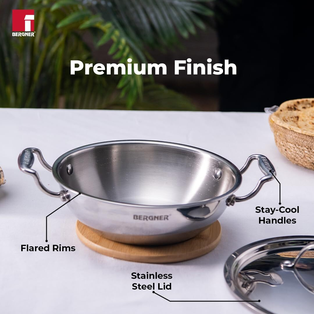 Bergner Argent Triply Stainless Steel 28 Cm Kadai With Stainless Steel Lid, 3.9 L Kadhai/Karai With Lid, Food Safe, Stay Cool Cast Handles, Dishwasher Safe, Induction And Gas Ready