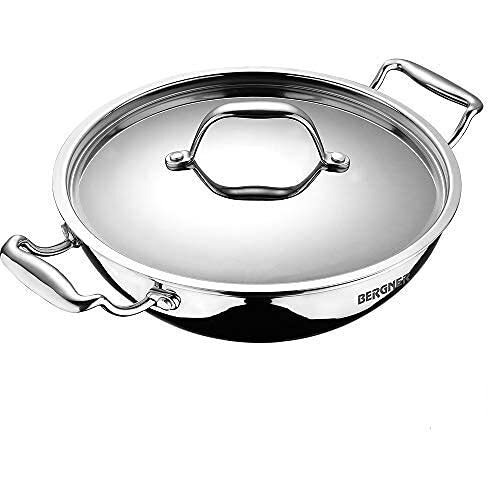 Bergner Argent Triply Stainless Steel 20Cm Deep Kadai With Stainless Steel Lid, 2.3 L Deep Kadhai, Food Safe, Stay Cool Cast Handles, Less Oil Use, Dishwasher Safe, Induction Bottom And Gas Ready