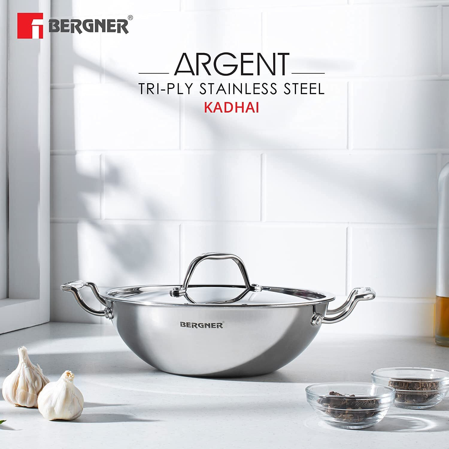 Bergner Argent Triply Stainless Steel 20Cm Deep Kadai With Stainless Steel Lid, 2.3 L Deep Kadhai, Food Safe, Stay Cool Cast Handles, Less Oil Use, Dishwasher Safe, Induction Bottom And Gas Ready
