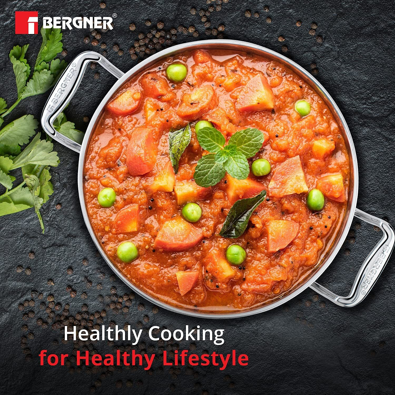 Bergner Argent Triply Stainless Steel 22Cm Deep Kadai With Stainless Steel Lid, 2.8 L Deep Kadhai, Food Safe, Stay Cool Cast Handles, Less Oil Use, Dishwasher Safe, Induction Bottom And Gas Ready