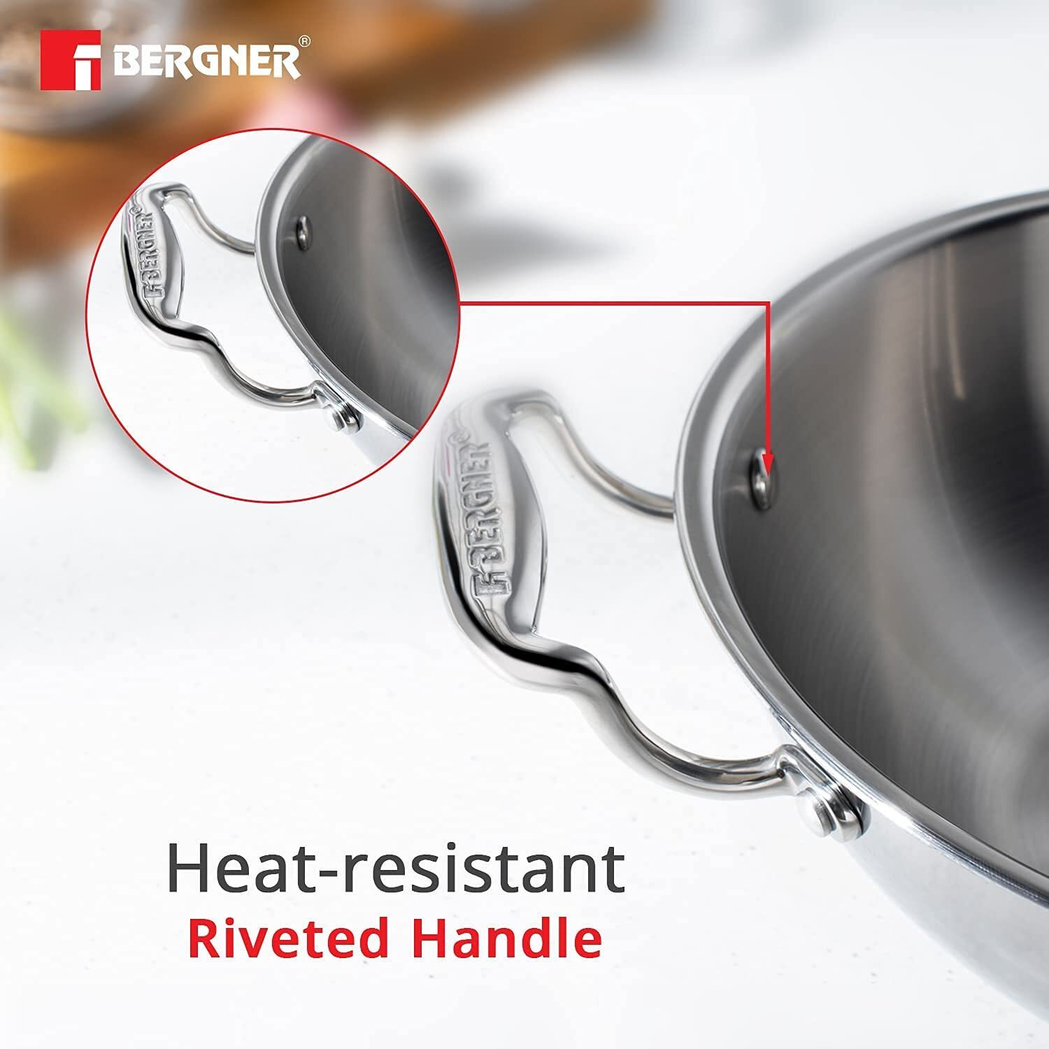 Bergner Argent Triply Stainless Steel 24Cm Deep Kadai With Stainless Steel Lid, 3.8 L Deep Kadhai, Food Safe, Stay Cool Cast Handles, Less Oil Use, Dishwasher Safe, Induction Bottom And Gas Ready