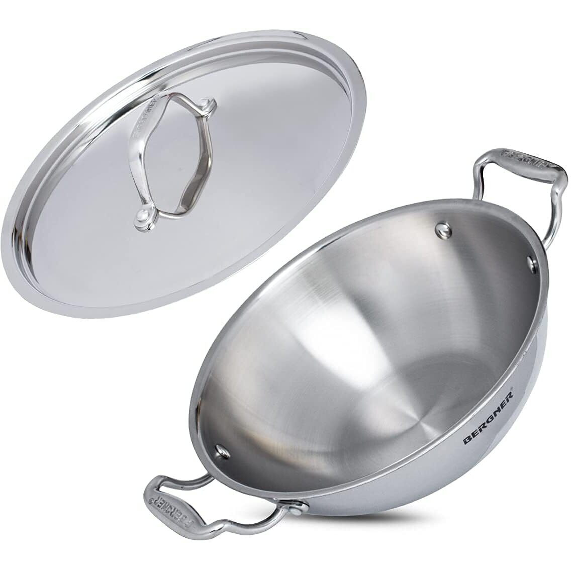 Bergner Argent Triply Stainless Steel 26Cm Deep Kadai With Stainless Steel Lid, 4.5 Liters Deep Kadhai With Lid, Food Safe, Stay Cool Cast Handles, Dishwasher Safe - Induction Bottom & Gas Stove Ready