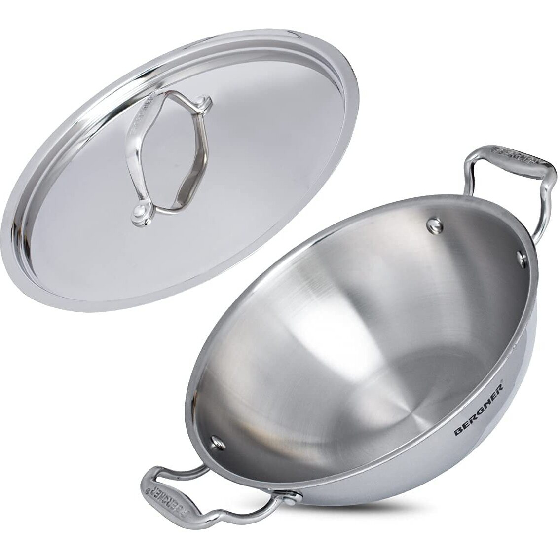 Bergner Argent Triply Stainless Steel 28Cm Deep Kadai With Stainless Steel Lid, 5.7 Liters Deep Kadhai With Lid, Food Safe, Stay Cool Cast Handles, Dishwasher Safe - Induction Bottom & Gas Stove Ready