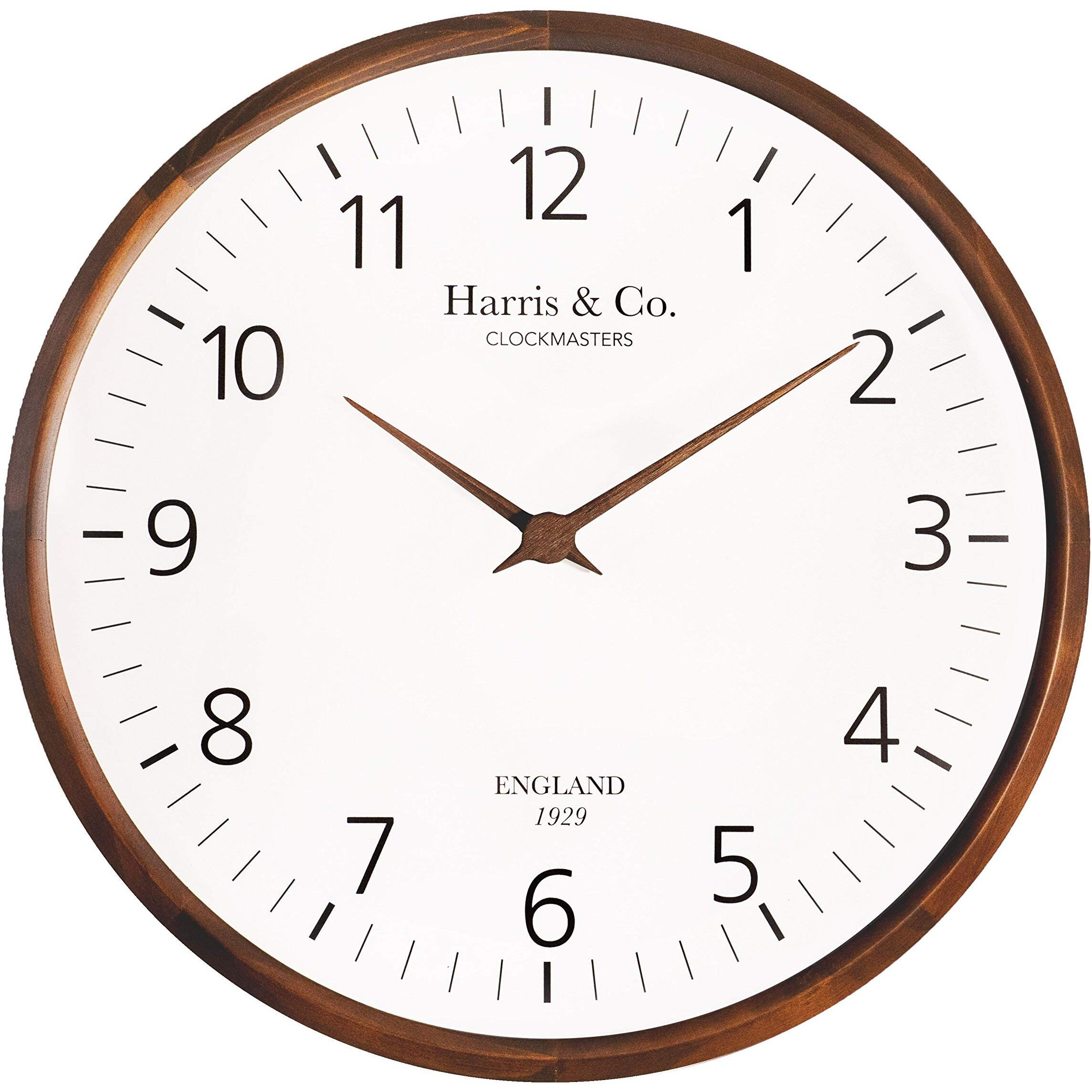 Harris & Co. Clockmasters Luxury Wooden Wall Clock,Contemporary Design With Wooden Sword Hands - 13 Inch (Dark Teak Wood, Curved Glass) (Silent Sweep Noiseless Technology) Model - Trafalgar Street-Analog