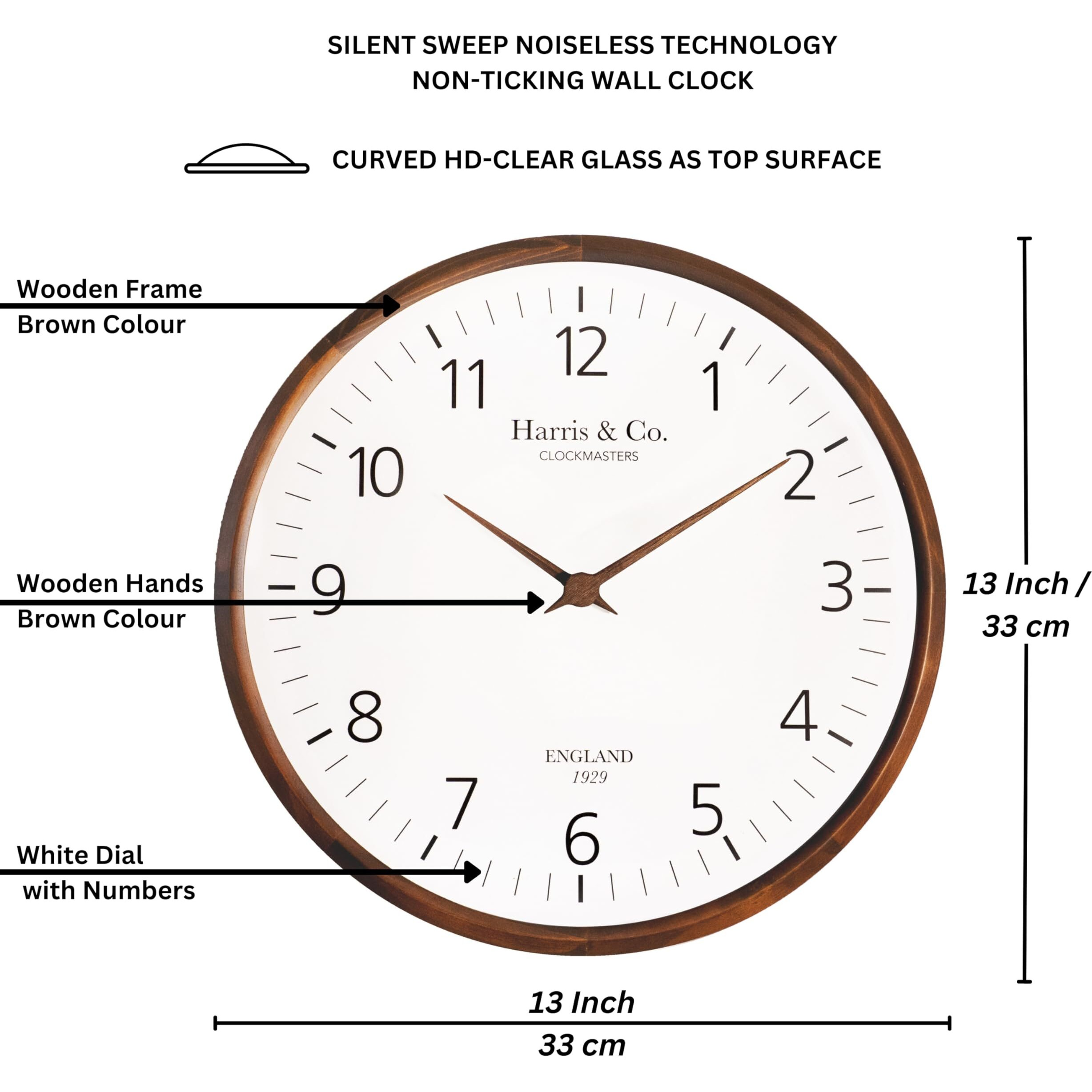 Harris & Co. Clockmasters Luxury Wooden Wall Clock,Contemporary Design With Wooden Sword Hands - 13 Inch (Dark Teak Wood, Curved Glass) (Silent Sweep Noiseless Technology) Model - Trafalgar Street-Analog