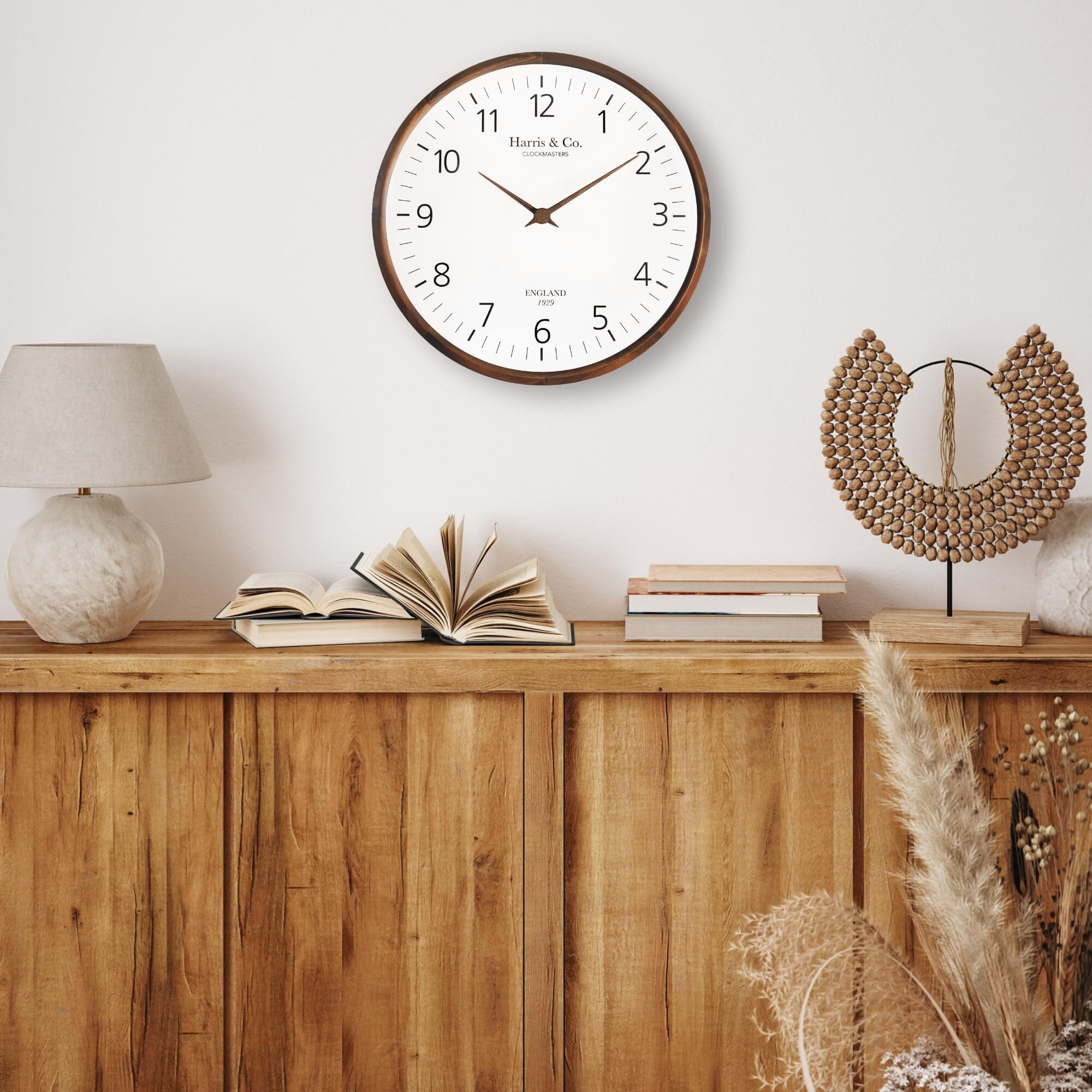 Harris & Co. Clockmasters Luxury Wooden Wall Clock,Contemporary Design With Wooden Sword Hands - 13 Inch (Dark Teak Wood, Curved Glass) (Silent Sweep Noiseless Technology) Model - Trafalgar Street-Analog