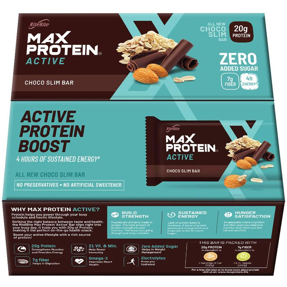Ritebite Max Protein Active Choco Slim 20G Protein Bar [Pack Of 12] Protein Blend, Fiber, Vitamins & Minerals, No Preservatives, 100% Veg, No Added Sugar, For Energy, Fitness & Immunity - 804G