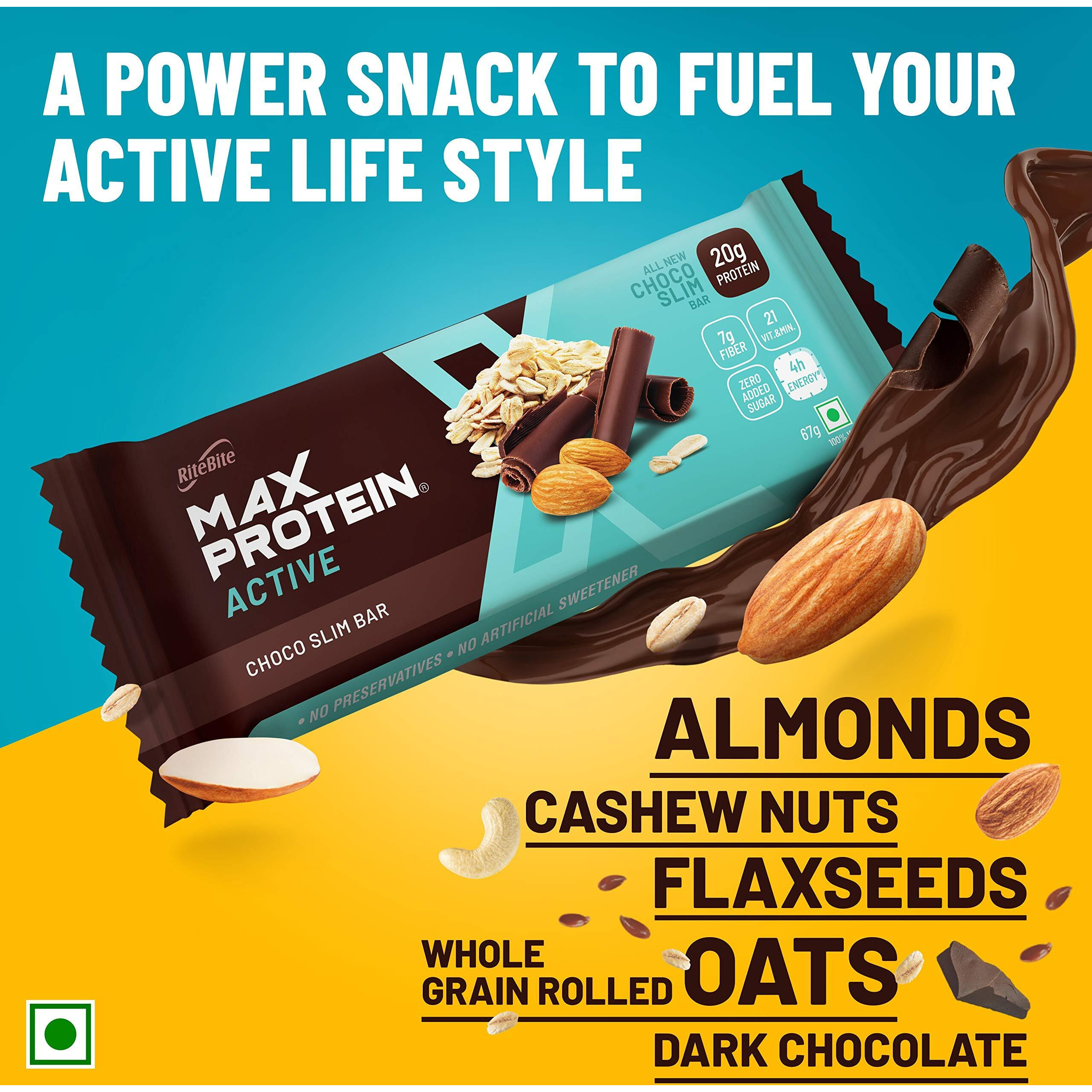 Ritebite Max Protein Active Choco Slim 20G Protein Bar [Pack Of 12] Protein Blend, Fiber, Vitamins & Minerals, No Preservatives, 100% Veg, No Added Sugar, For Energy, Fitness & Immunity - 804G