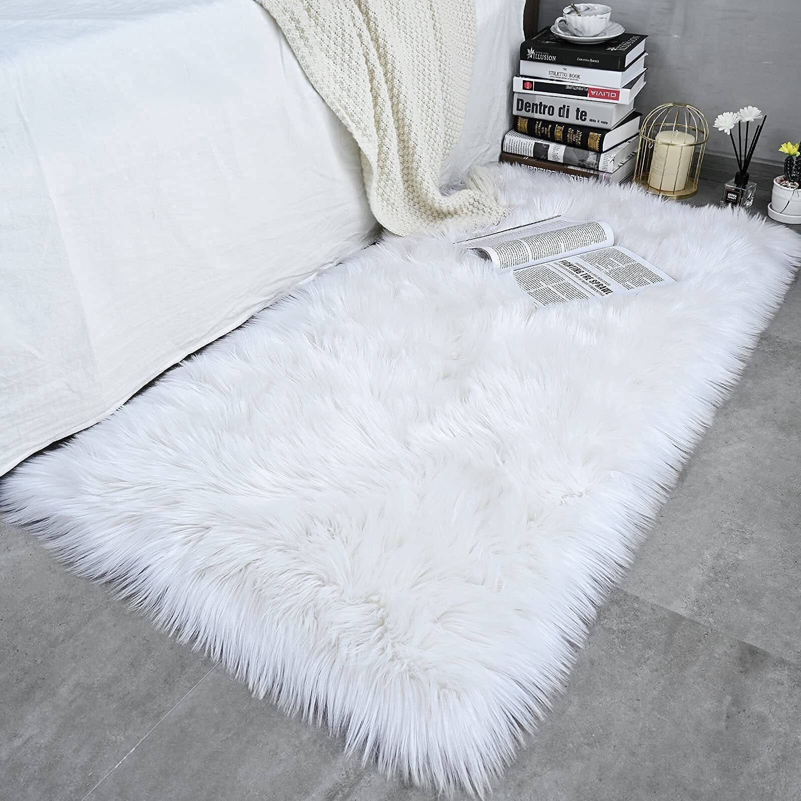 Iseau Soft Faux Fur Fluffy Area Rug, Luxury Fuzzy Sheepskin Carpet Rugs For Bedroom Living Room, Shaggy Silky Plush Carpet Bedside Rug Floor Mat, 2Ft X 3Ft, White, Rectangular