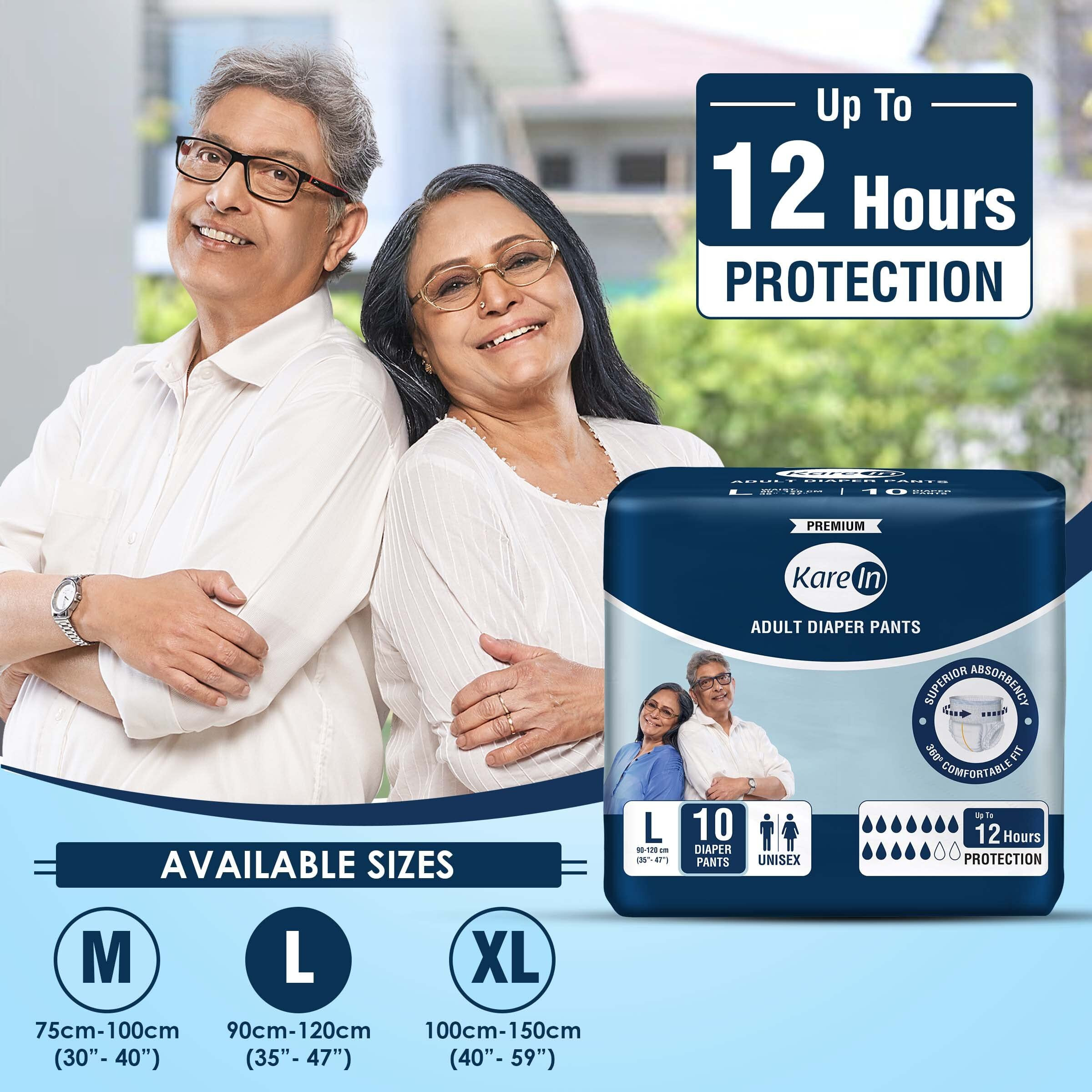 Karein Premium Adult Diaper Pants, Large 90 - 120 Cm (35"- 47"), 10 Count, Unisex, Leakproof, Elastic Waist, Wetness Indicator