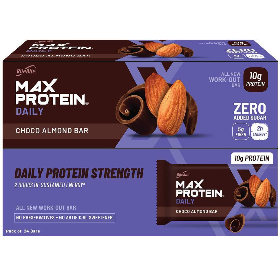 Ritebite Max Protein Daily Choco Almond Protein Bars With 10G Protein, 5G Fiber & 21 Vit. & Minerals | 0 Added Sugar, No Cholesterol & Trans Fat For Upto 2H Of Energy, 50G (Pack Of 24), 1200 Gram