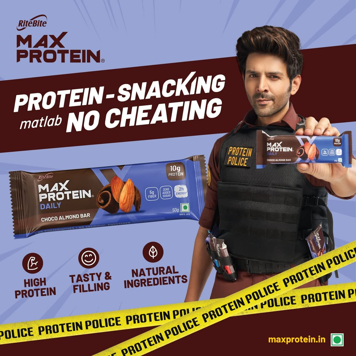Ritebite Max Protein Daily Choco Almond Protein Bars With 10G Protein, 5G Fiber & 21 Vit. & Minerals | 0 Added Sugar, No Cholesterol & Trans Fat For Upto 2H Of Energy, 50G (Pack Of 24), 1200 Gram