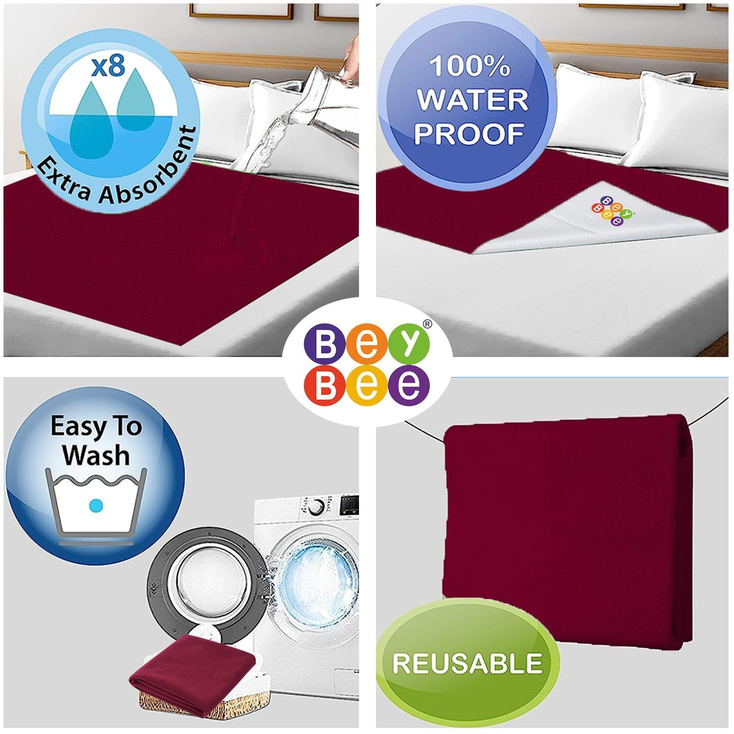 Beybee Waterproof Quick Dry Sheet For Baby| Bed Pad Anti-Piling Fleece Extra Absorbent Washable Matress Protector| Baby Bed Protector Sheet For Toddler Children, Large Size, 140X100Cm, Maroon