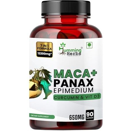 Humming Herbs Maca With Panax Ginseng Supplements 7200Mg | Maca Root Extract Powder | Increase Stamina And Build Muscle - 90 Capsules