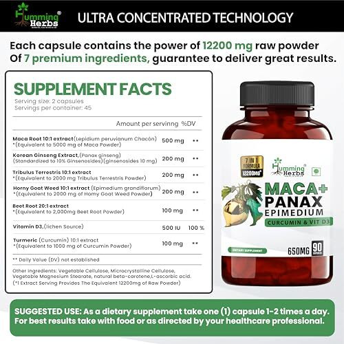 Humming Herbs Maca With Panax Ginseng Supplements 7200Mg | Maca Root Extract Powder | Increase Stamina And Build Muscle - 90 Capsules