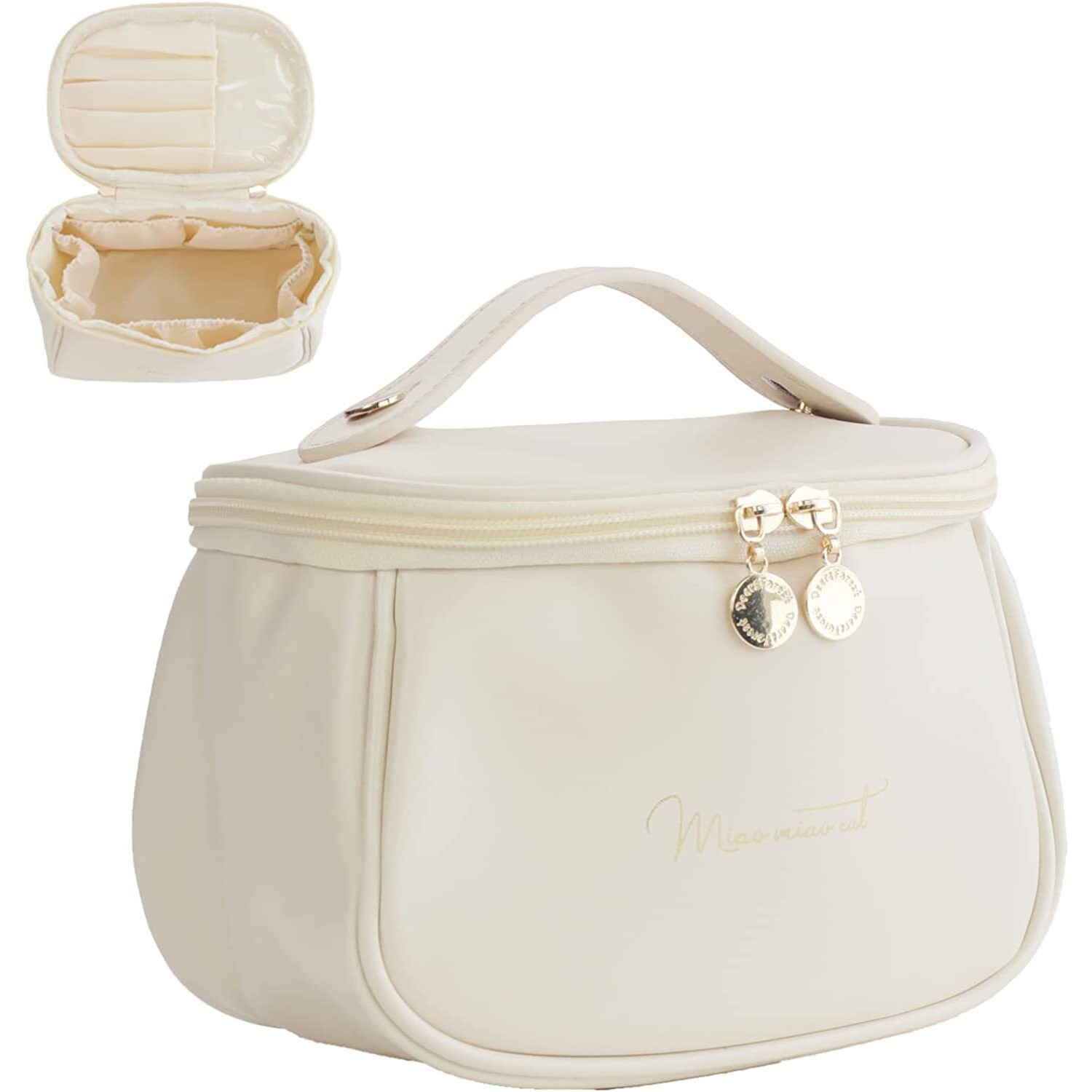 Arlicorping Makeup Storage Bag,Portable Cosmetic Bag,Pu Leather Multifunctional Vanity Bag For Makeup,Cosmetic Brush Case,Cosmetic Travel Bag For Women Organization Bag With Handle(Off White),11 Cm