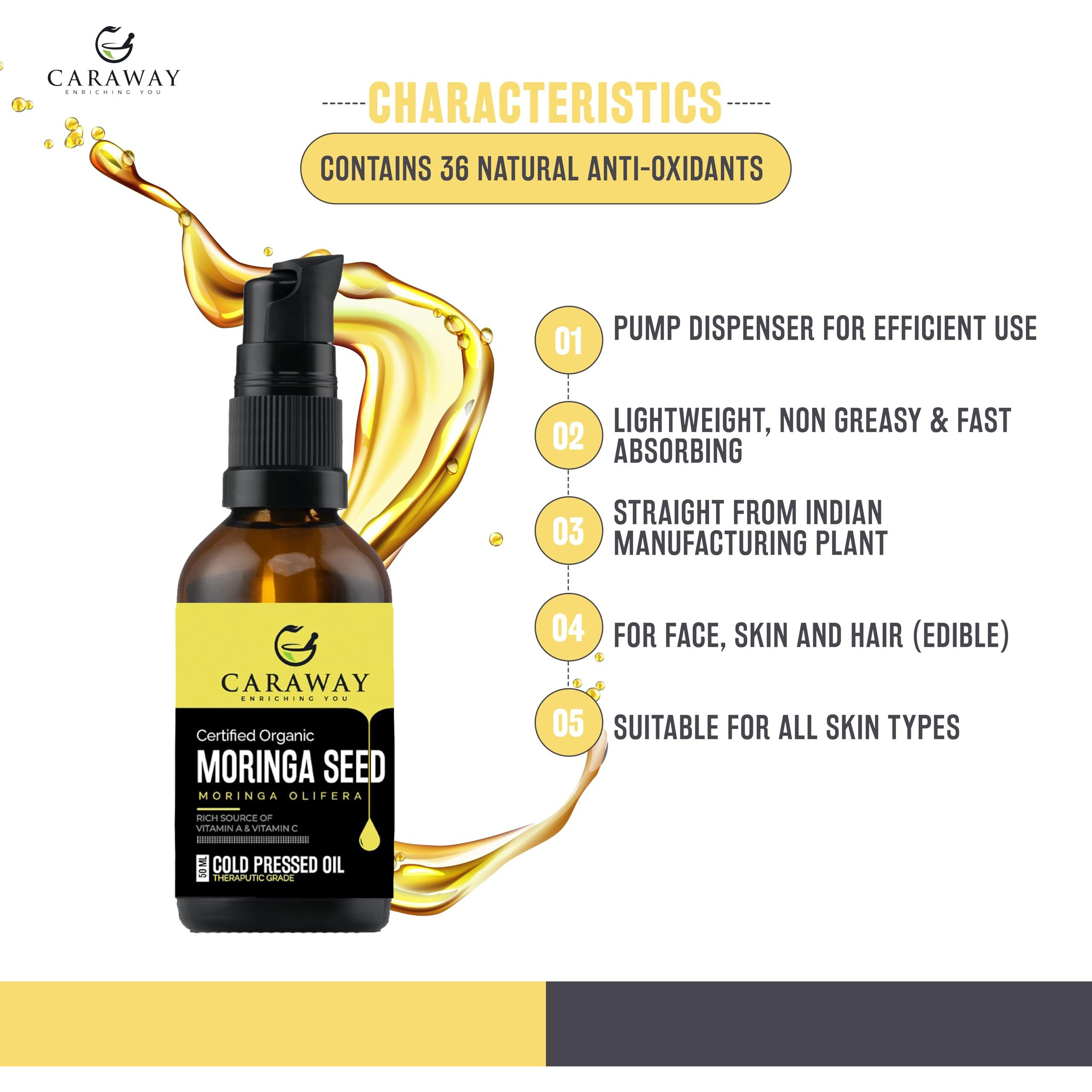Caraway Certified Organic Moringa Seed Oil Cold Pressed - 100% Pure Oil For Hair Growth - Natural Oil For Face And Skin - 118 Ml / 4 Oz