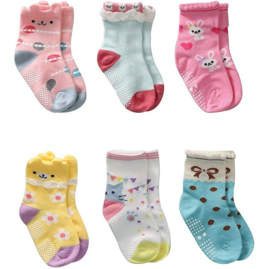 Trendy Dukaan Baby Girl's Cotton Anti Slip Grip Regular Socks, Pack Of 6 Pairs (Colours And Design May Vary 12-18 Months), Multicolor