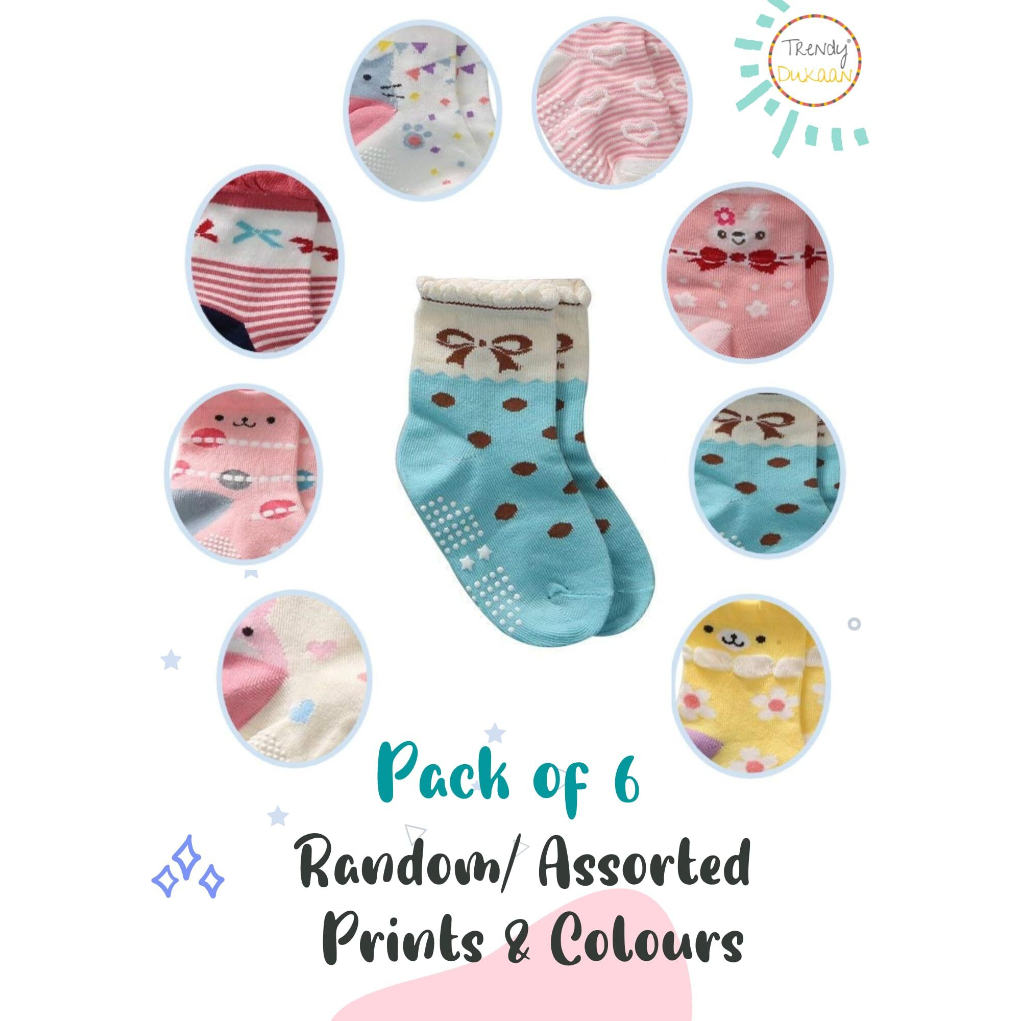 Trendy Dukaan Baby Girl's Cotton Anti Slip Grip Regular Socks, Pack Of 6 Pairs (Colours And Design May Vary 12-18 Months), Multicolor