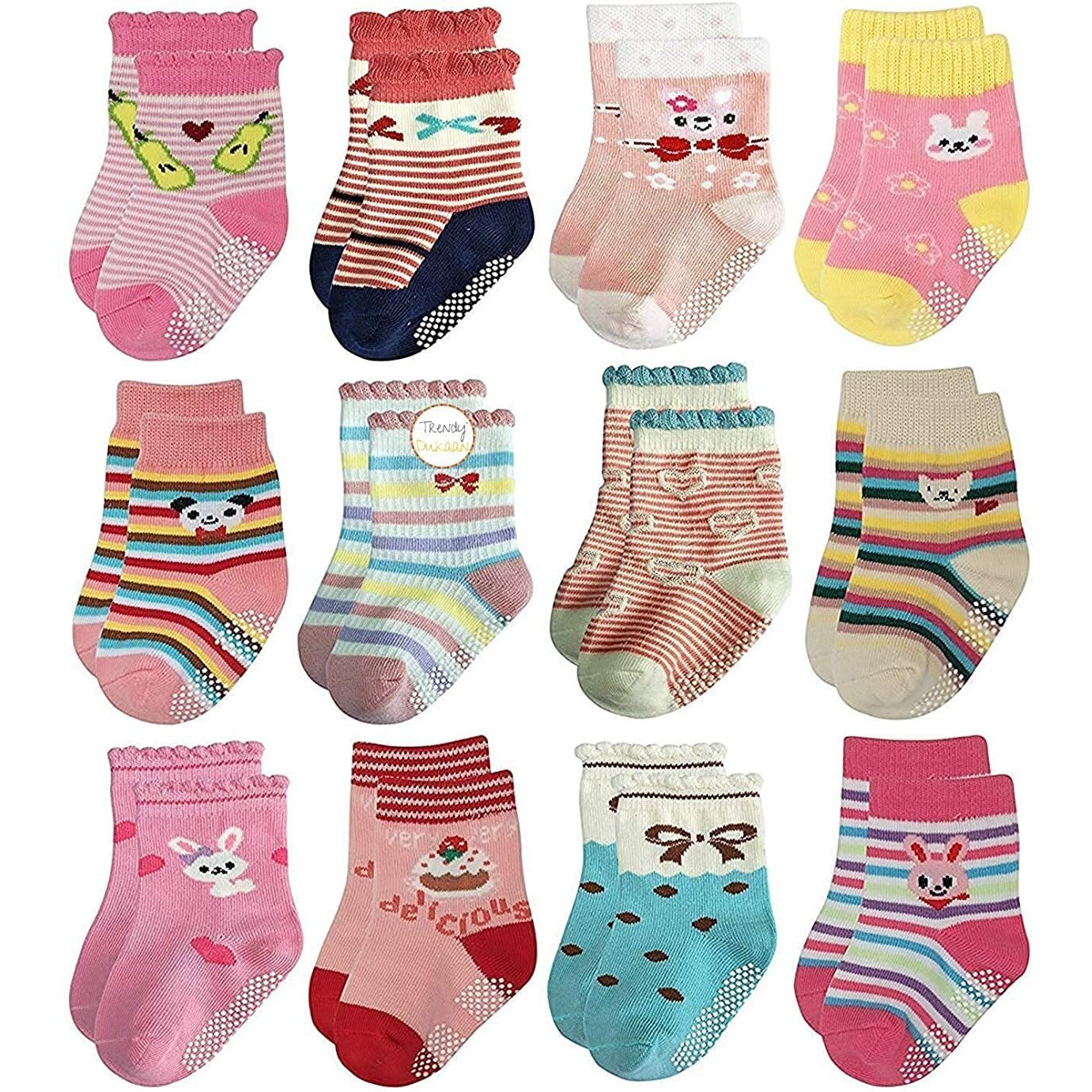 Trendy Dukaan Baby Girl's Cotton Anti Slip Grip Regular Socks, Pack Of 6 Pairs (Colours And Design May Vary 12-18 Months), Multicolor