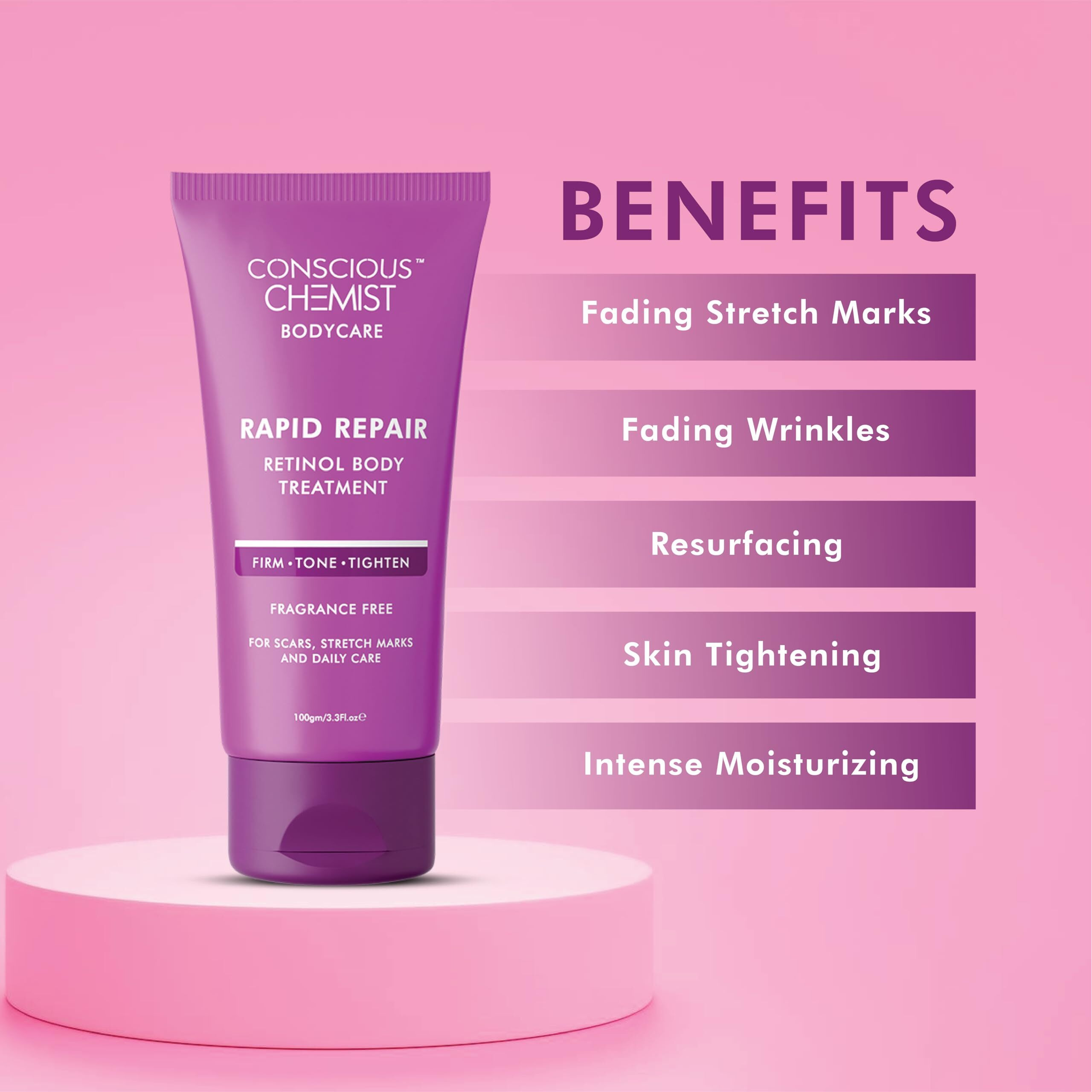 Conscious Chemist Retinol Body Cream | Reduces Stretch Marks, Uneven Skin Tone & Scars | For Post Pregnancy Irregular Lines/Streaks | All Skin Types, Fragrance Free & Cruelty Free | 100 G