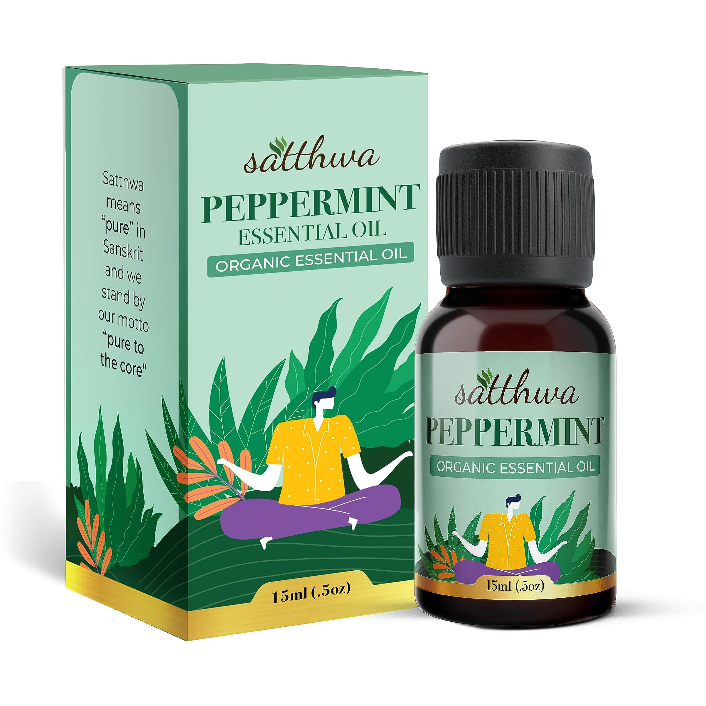 Satthwa Organic Peppermint Essential Oil - Therapeutic Grade - 15Ml - Cooling Menthol Aroma, Eases Headaches Aromatherapy