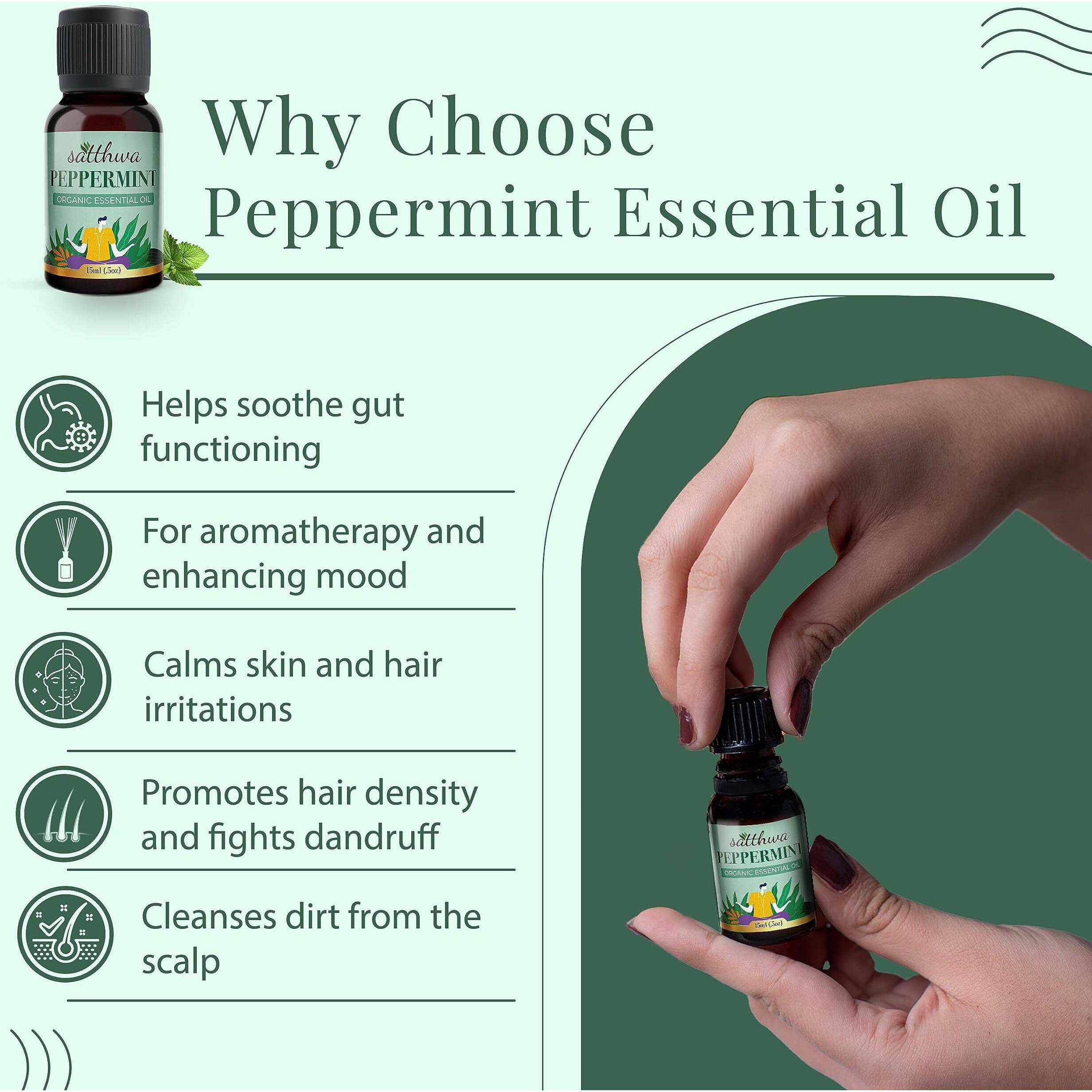 Satthwa Organic Peppermint Essential Oil - Therapeutic Grade - 15Ml - Cooling Menthol Aroma, Eases Headaches Aromatherapy