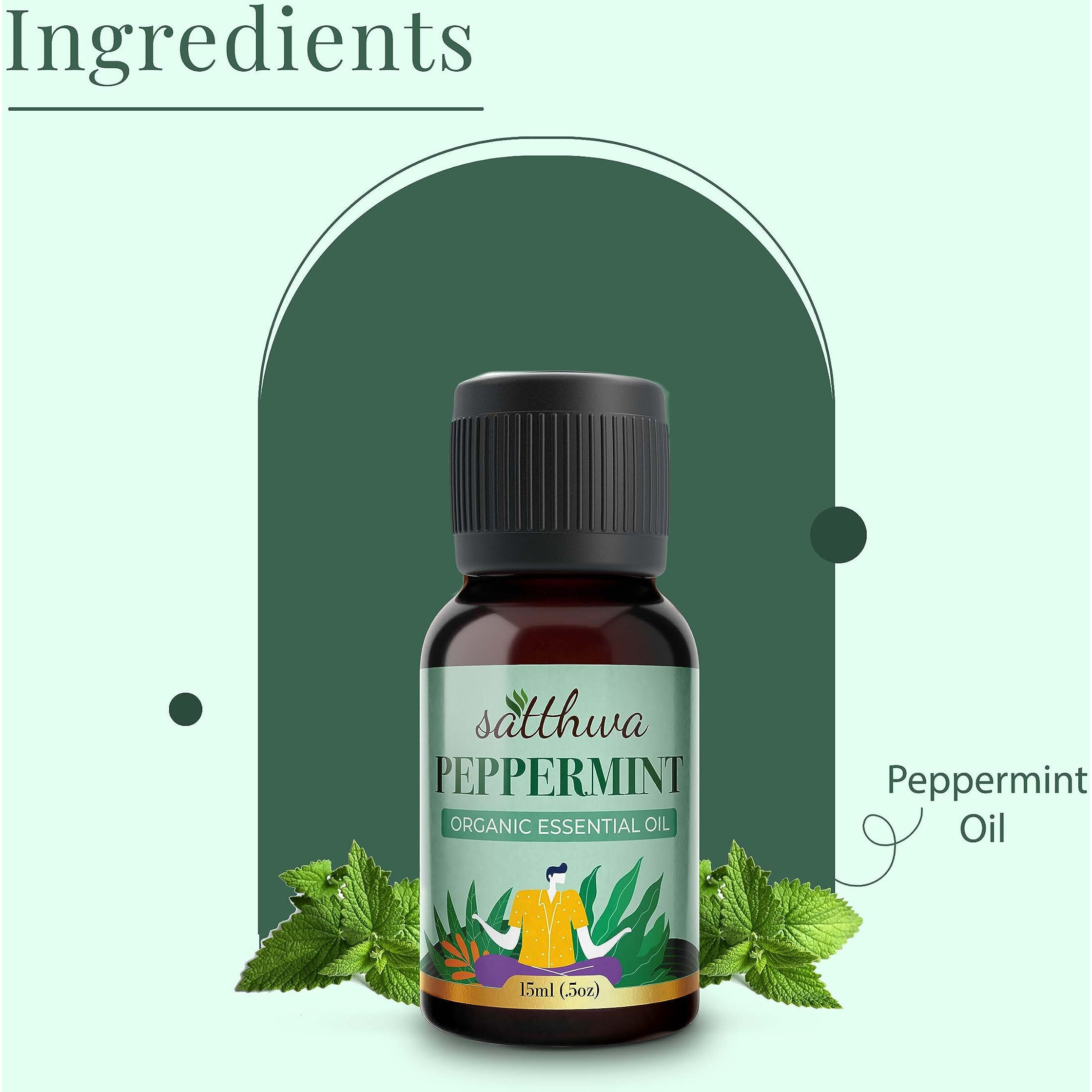 Satthwa Organic Peppermint Essential Oil - Therapeutic Grade - 15Ml - Cooling Menthol Aroma, Eases Headaches Aromatherapy