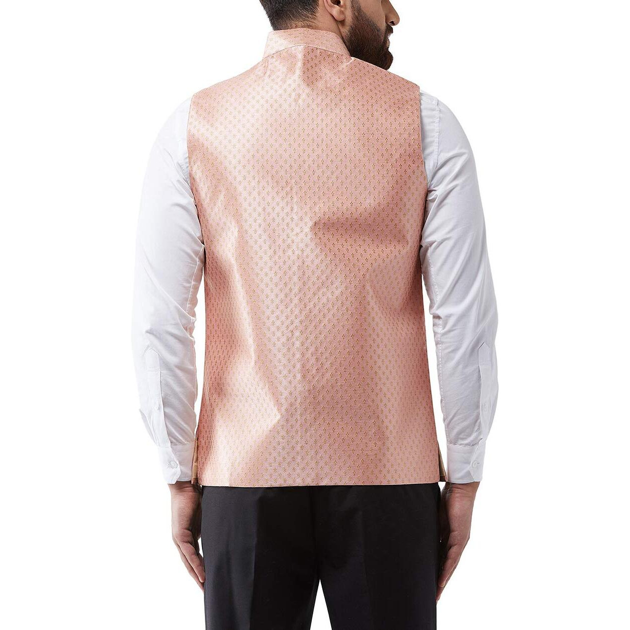 Sojanya (Since 1958 Men's Silk Blend Peach & Gold Self Design Nehru Jacket, Size 44