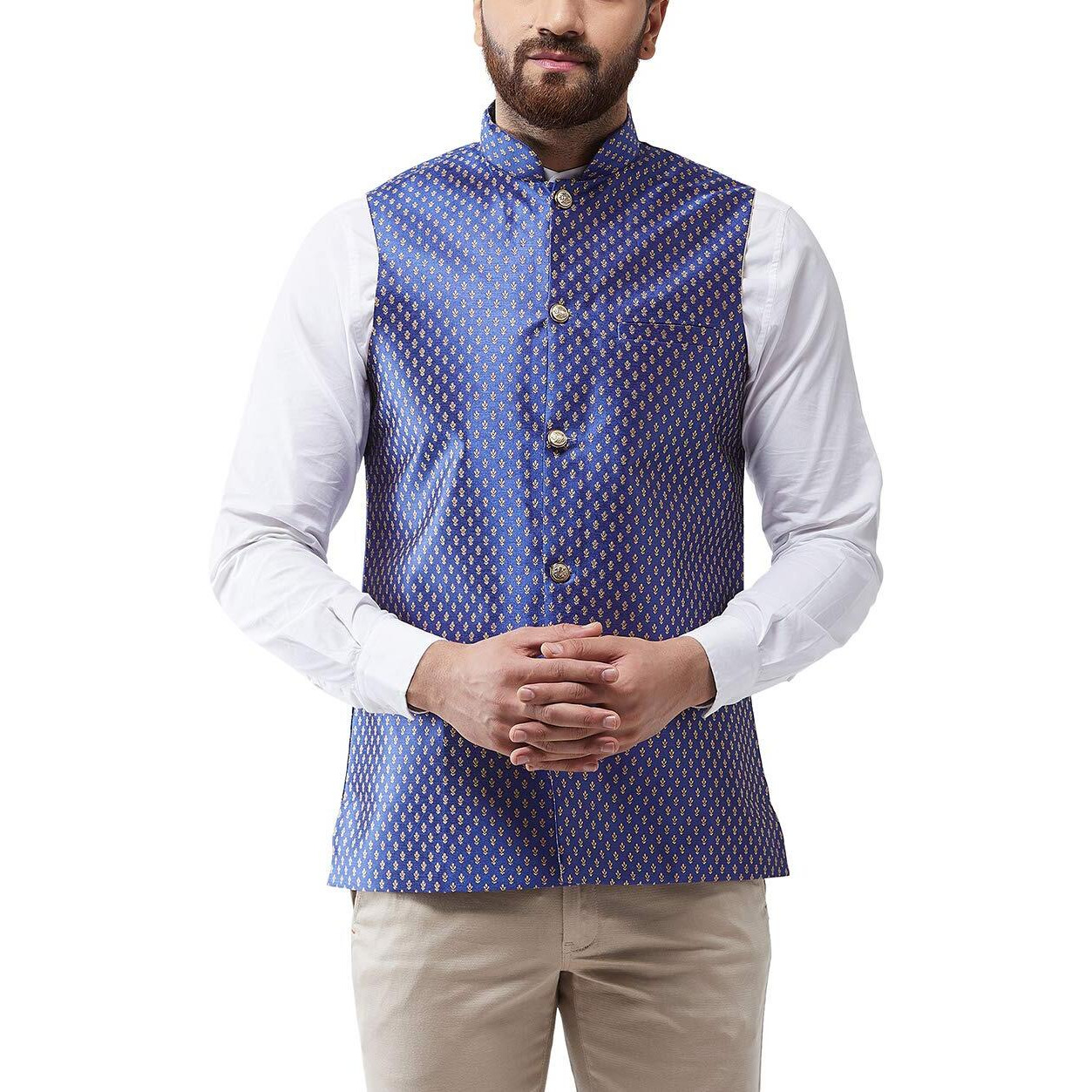 Sojanya (Since 1958 Men's Silk Blend Royal Blue & Gold Self Design Nehru Jacket, Size 38