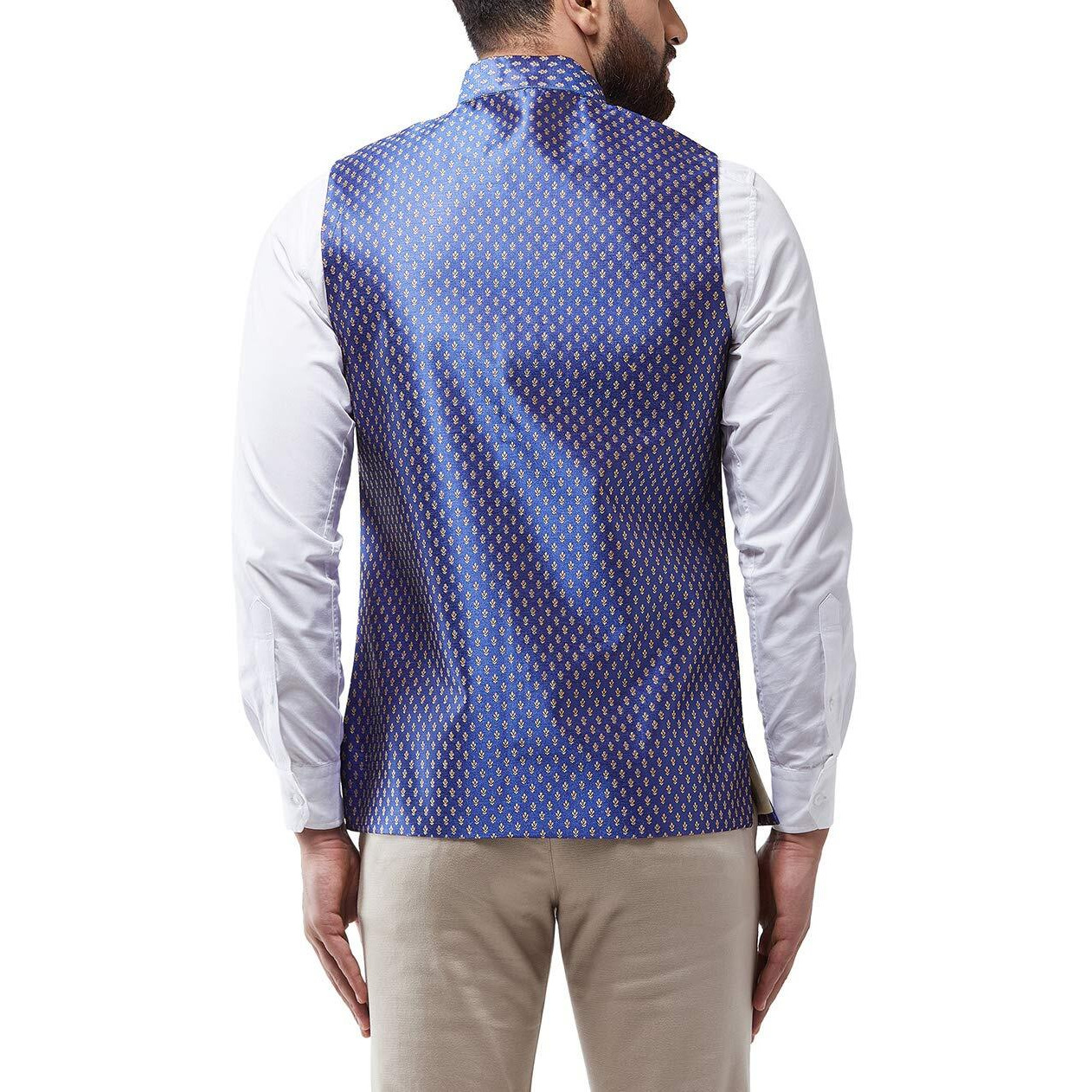Sojanya (Since 1958 Men's Silk Blend Royal Blue & Gold Self Design Nehru Jacket, Size 38