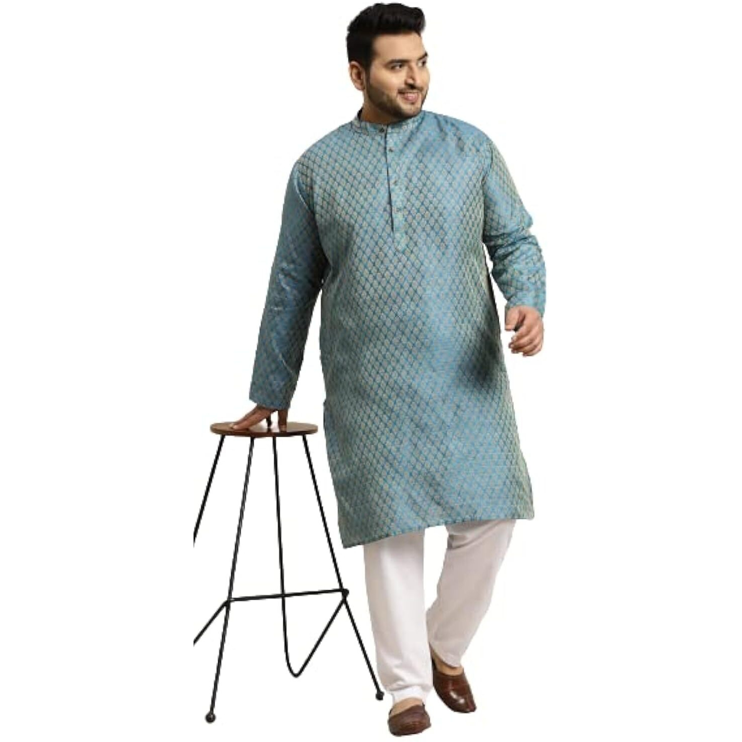 Sojanya Plus (Since 1958) Men's Jacquard Silk Peacock Blue Self Design Only Long Kurta -Size 46