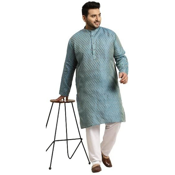 Sojanya Plus (Since 1958) Men's Jacquard Silk Peacock Blue Self Design Only Long Kurta -Size 46