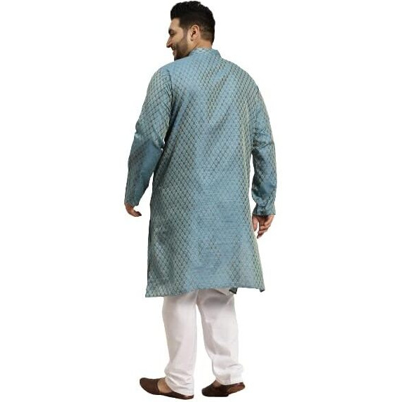 Sojanya Plus (Since 1958) Men's Jacquard Silk Peacock Blue Self Design Only Long Kurta -Size 46