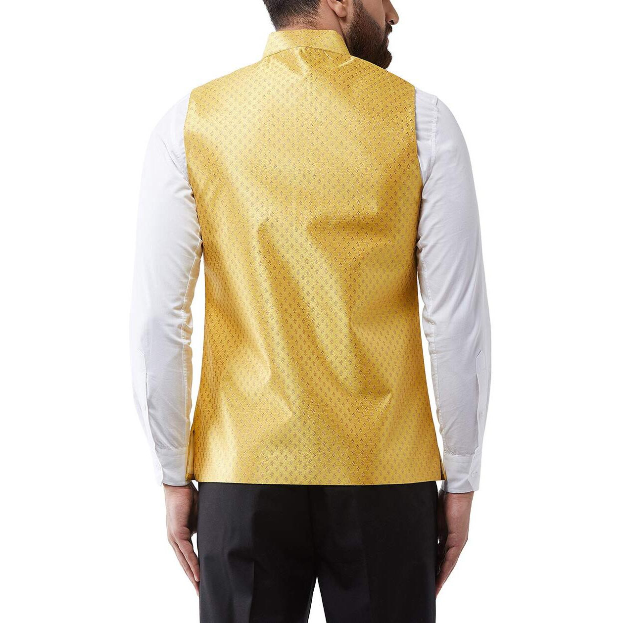 Sojanya (Since 1958 Men's Silk Blend Yellow & Gold Self Design Nehru Jacket, Size 40