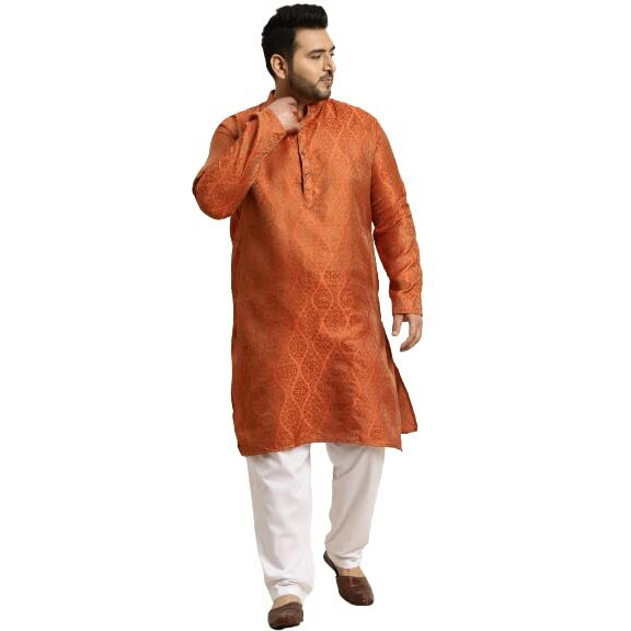 Sojanya Plus (Since 1958) Men's Jacquard Silk Orange Self Design Only Long Kurta -Size 44