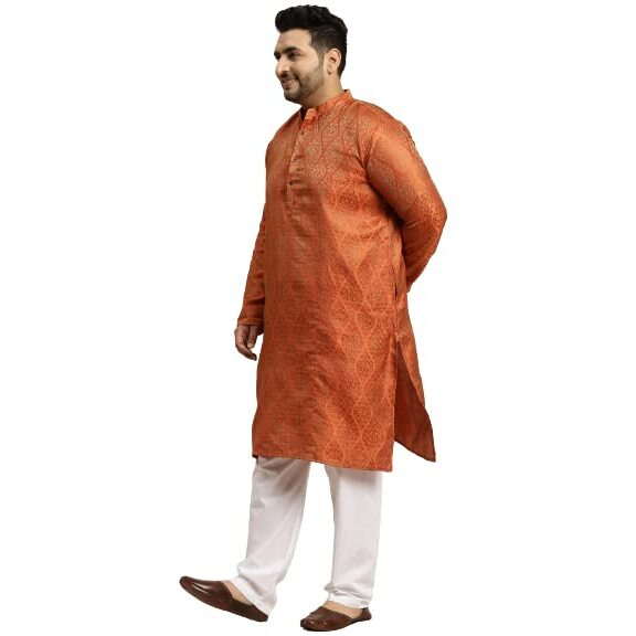 Sojanya Plus (Since 1958) Men's Jacquard Silk Orange Self Design Only Long Kurta -Size 44