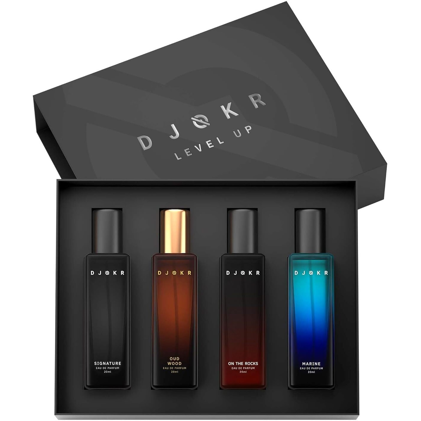Djokr Perfume Gift Set For Men Pack Of 4X20 Ml | Eau De Parfum | Premium Luxury Long Lasting Fragrance Spray | Signature, On The Rocks, Oud Wood, Marine (4X20 Ml)