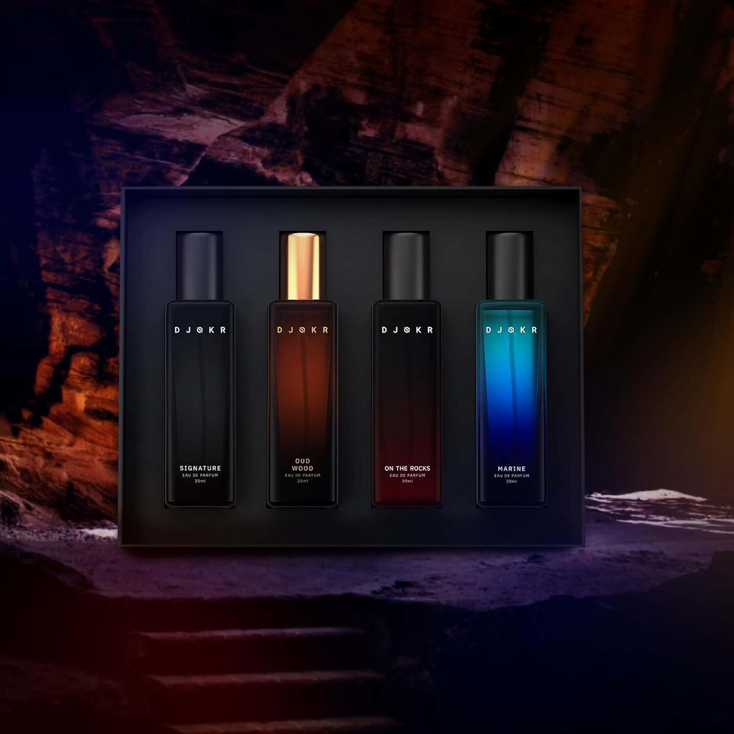 Djokr Perfume Gift Set For Men Pack Of 4X20 Ml | Eau De Parfum | Premium Luxury Long Lasting Fragrance Spray | Signature, On The Rocks, Oud Wood, Marine (4X20 Ml)