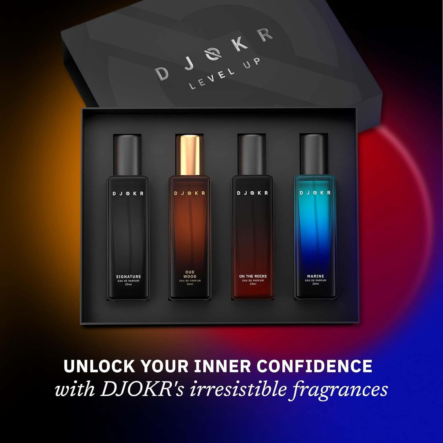 Djokr Perfume Gift Set For Men Pack Of 4X20 Ml | Eau De Parfum | Premium Luxury Long Lasting Fragrance Spray | Signature, On The Rocks, Oud Wood, Marine (4X20 Ml)