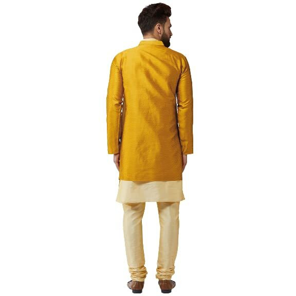 Sojanya (Since 1958, Men's Silk Blend Gold Kurta Churidaar Pyjama & Mustard Jacket Combo, Size 40