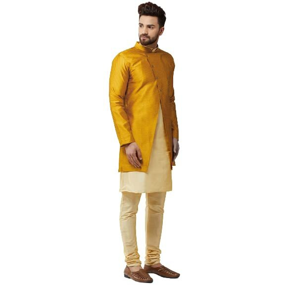 Sojanya (Since 1958, Men's Silk Blend Gold Kurta Churidaar Pyjama & Mustard Jacket Combo, Size 40